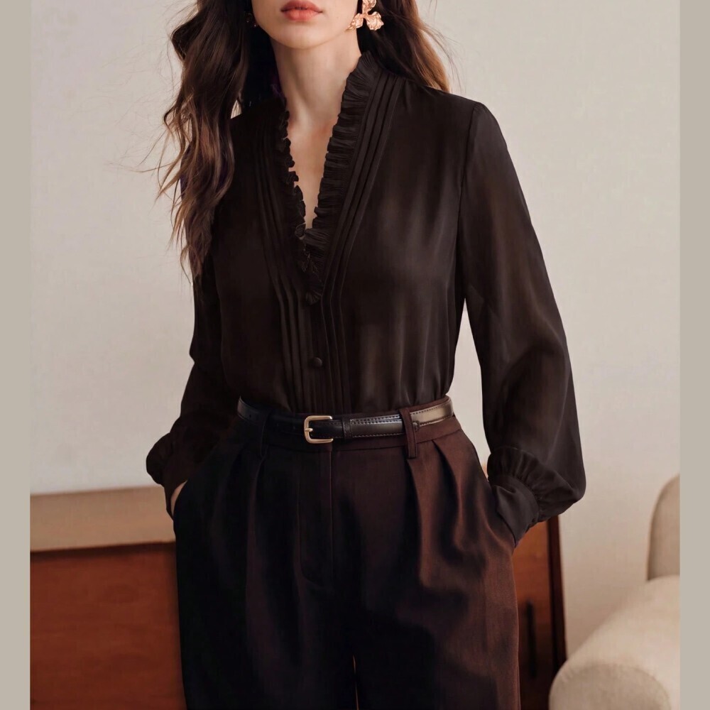 Black Ruffle Trim V-Neck Pleated Front Long Bishop Sleeve Blouse